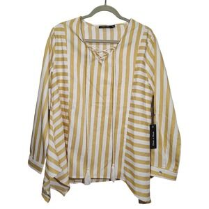 Doe‎ and Rae Women's Blouse Medium Gold White Striped Roll Sleeve Ruffle Sides